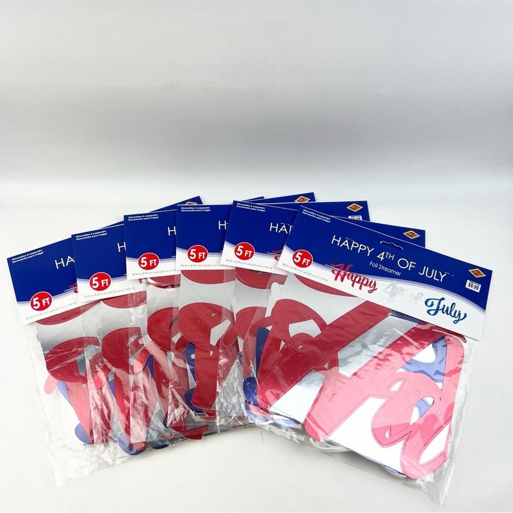 6 Beistle Foil Happy 4th of July Streamer Ribbon Banner Red Silver Blue 10”x5’